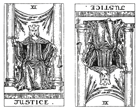 Justice Tarot Card - left upright, right reversed