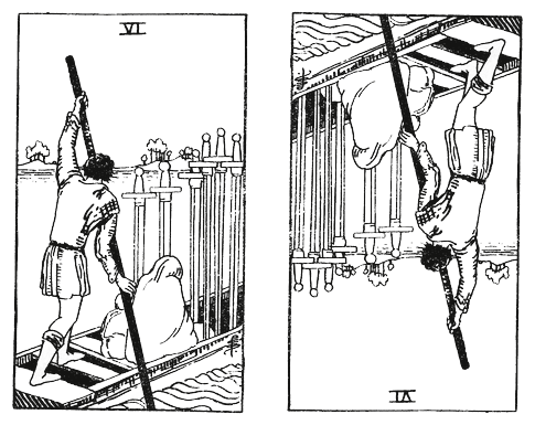 Six of Swords Tarot Card - left upright, right reversed