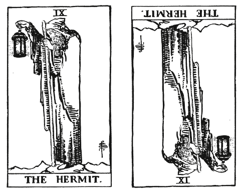 The Hermit Tarot Card - left upright, right reversed