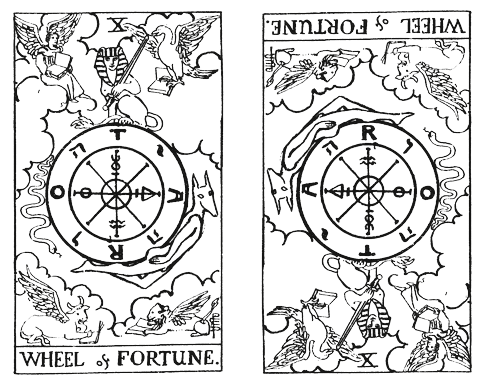 Wheel of Fortune Tarot Card - left upright, right reversed